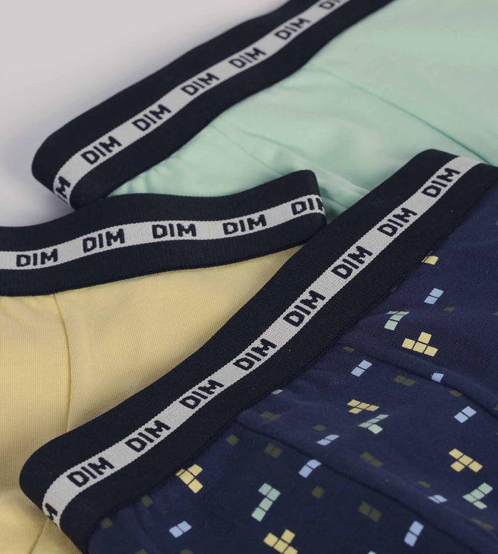 Dim Lot De 3 Boxers Garçon Motif Pixel Bleu Jaune Coton Stretch Fashion