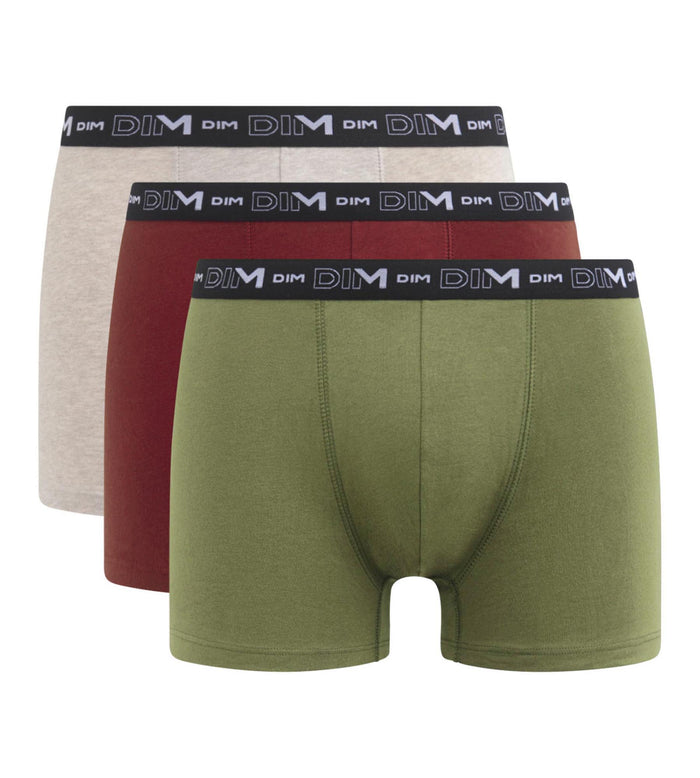 Dim Lot De 3 Boxers Homme Crème Rouge Kaki Dim Coton Stretch
