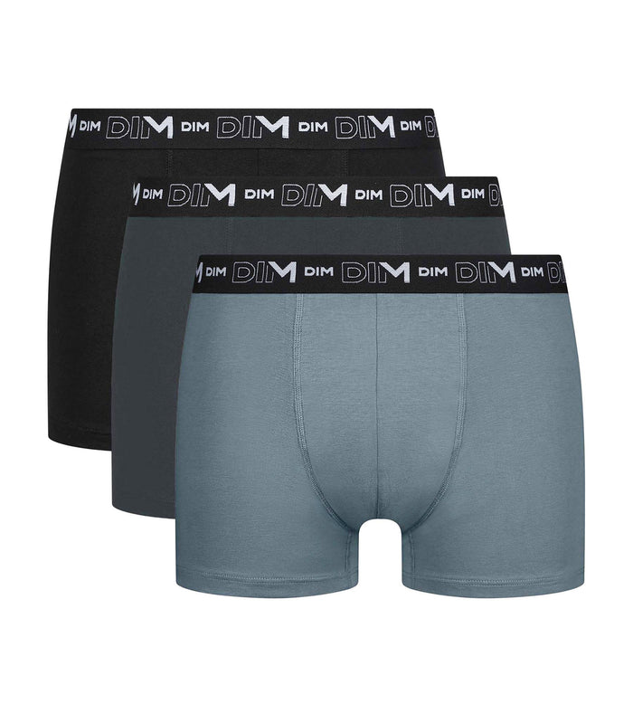 Dim Lot De 3 Boxers Homme Noir Gris Ceinture Contrastée Dim Coton Stretch