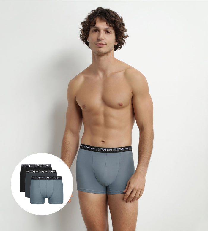 dim Lot de 3 Boxers homme Noir Gris ceinture contrastée Dim Coton Stretch
