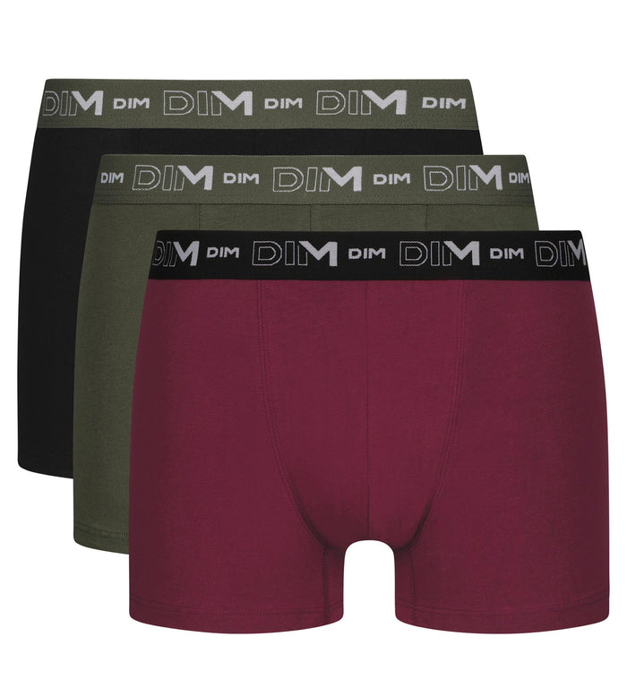 Dim Lot De 3 Boxers Homme Noir Kaki Rouge Dim Coton Stretch