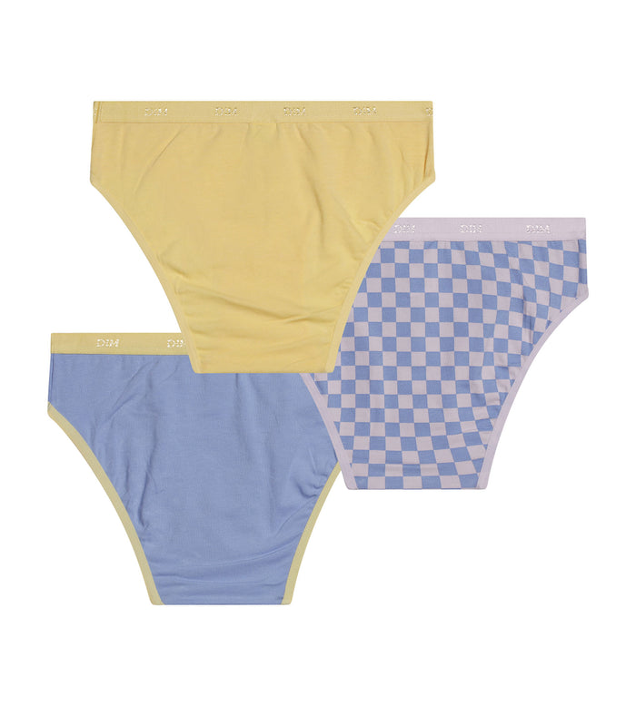 Dim Lot De 3 Culottes Fille Coton Stretch à Motif Damier Jaune Les Pockets