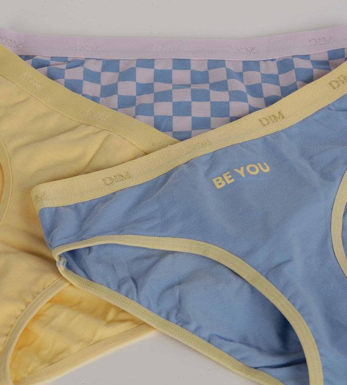 Dim Lot De 3 Culottes Fille Coton Stretch à Motif Damier Jaune Les Pockets