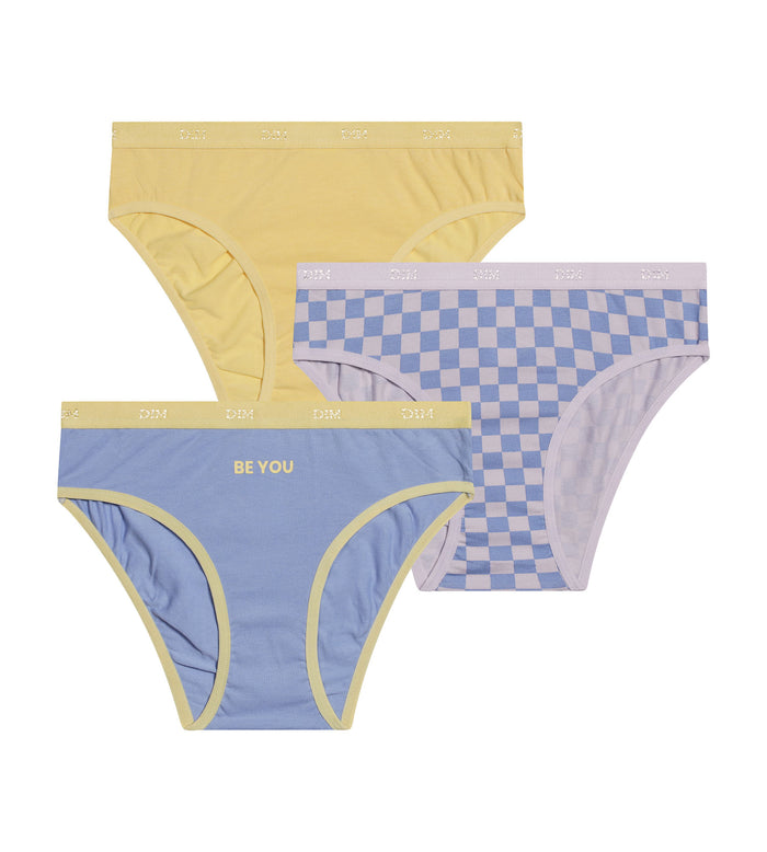 dim Lot de 3 culottes fille coton stretch à motif damier Jaune Les Pockets