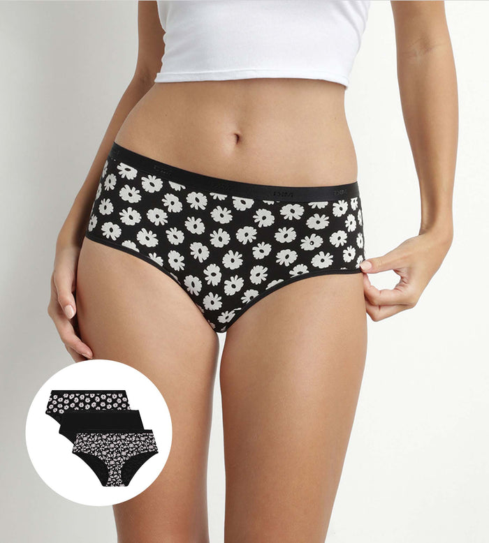 dim Lot de 3 shorties femme coton stretch Noir Beige à fleurs Les Pockets