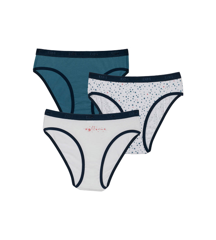 dim Lot de 3 slips fille en coton stretch à étoiles Blanc Bleu Les Pockets