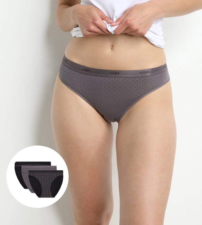 dim Lot de 3 slips noirs et gris imprimés Femme Les Pockets Coton