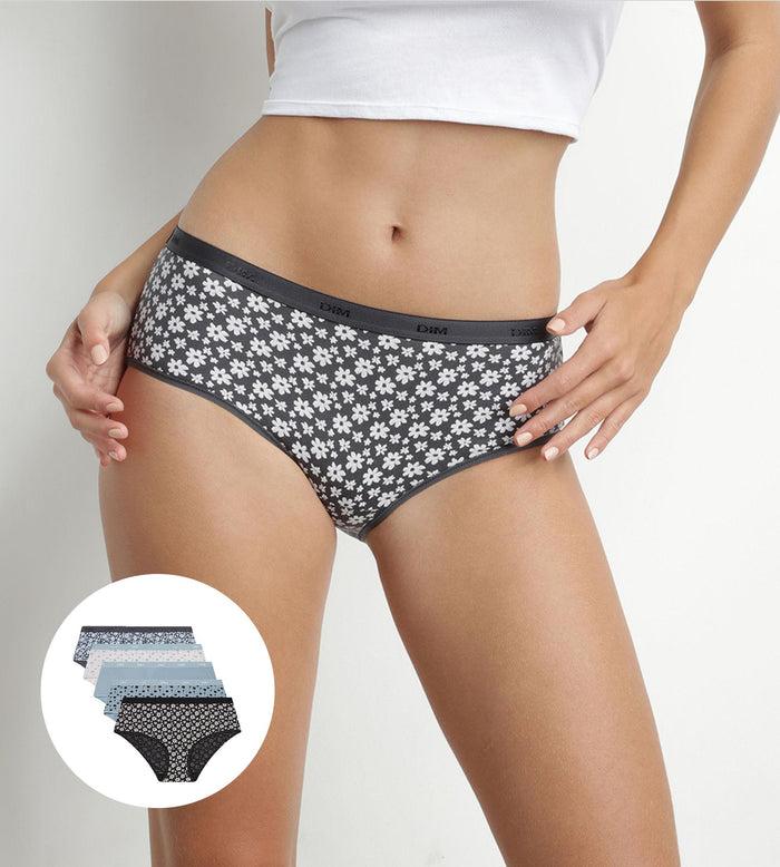 dim Lot de 5 shorties femme coton stretch Bleu Gris à fleurs Les Pockets