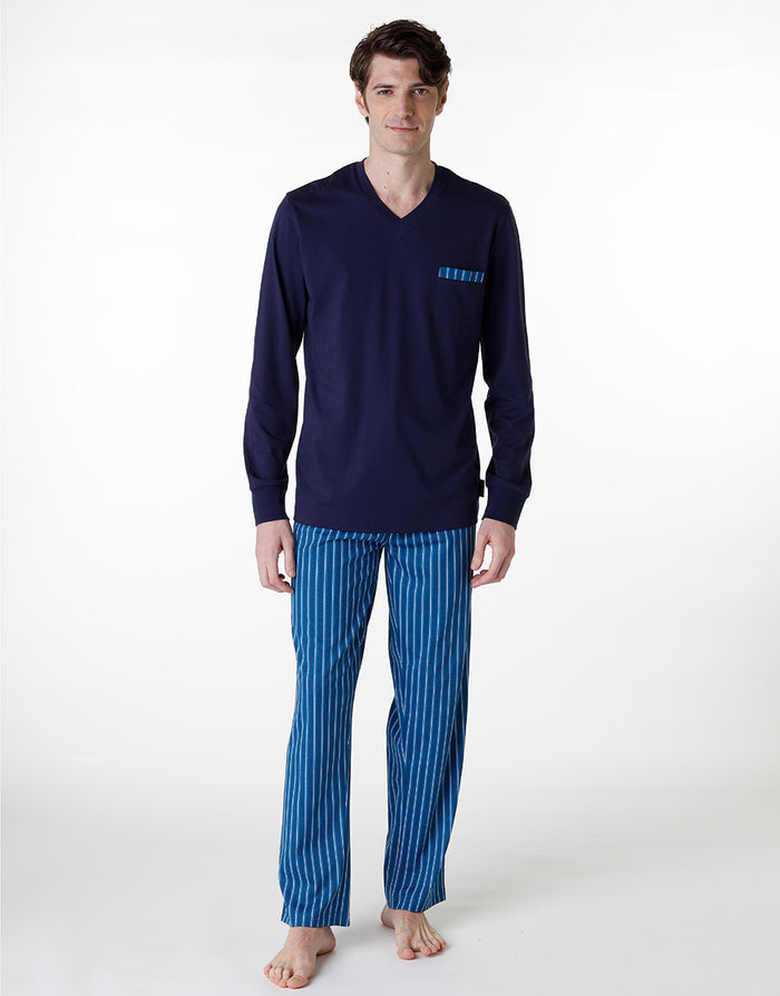 dim Pyjama long à col en V en jersey bleu marine pour homme