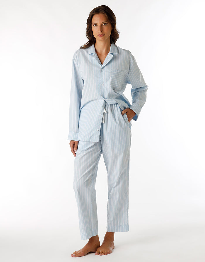 dim Pyjama long ouvert unisexe en toile de coton bleu à rayures