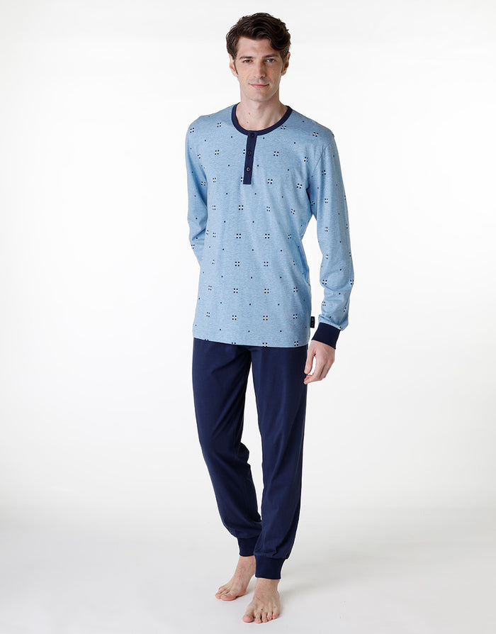 dim Pyjama long serafino en jersey bleu chiné pour homme
