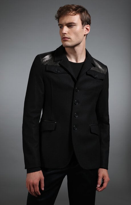 Dirk Bikkembergs Men's Black Wool And Leather Military Style Jacket