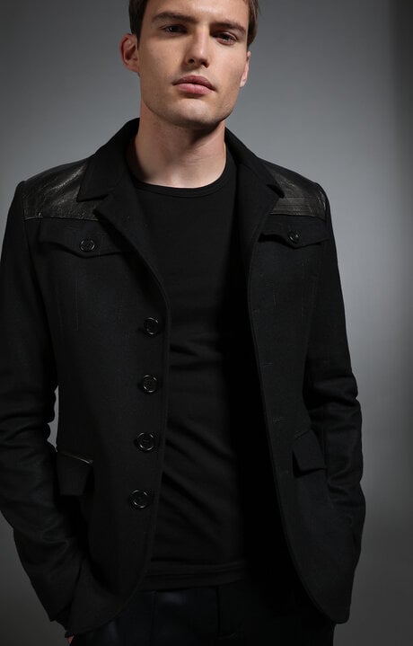 dirk bikkembergs Men's black wool and leather military style jacket