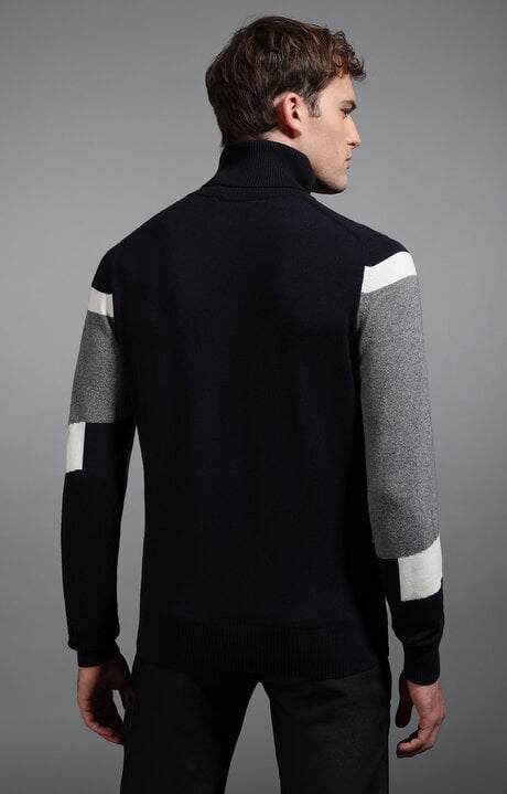 Dirk Bikkembergs Men's Navy And Grey Intarsia Turtleneck Sweater