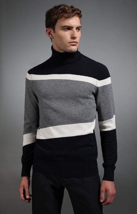 Dirk Bikkembergs Men's Navy And Grey Intarsia Turtleneck Sweater