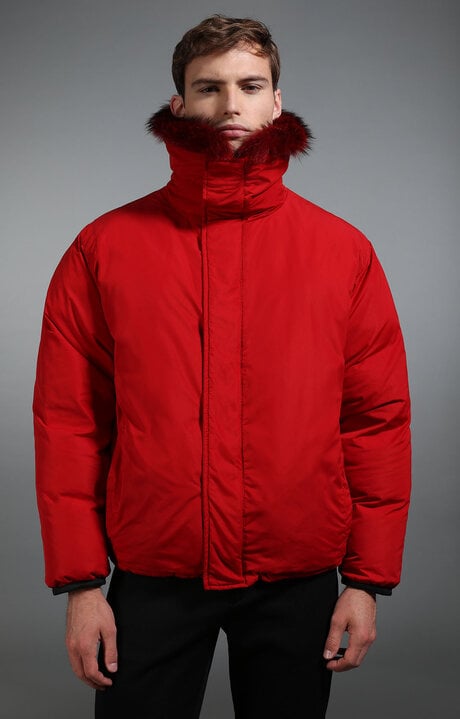 Dirk Bikkembergs Men's Red Down Jacket With Fur Trim Collar