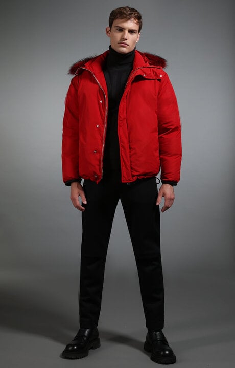 Dirk Bikkembergs Men's Red Down Jacket With Fur Trim Collar