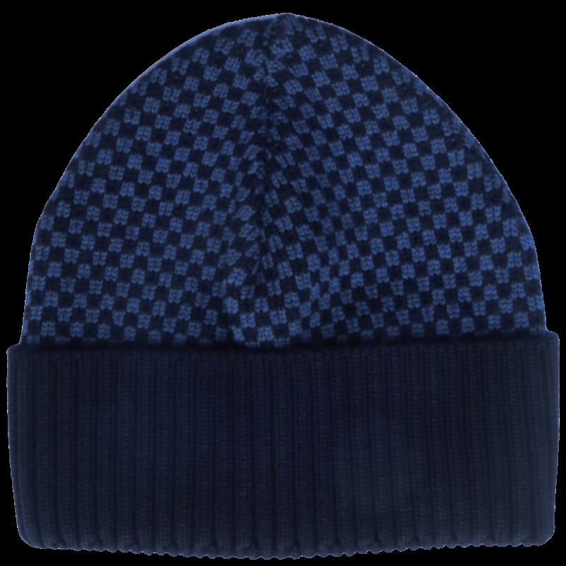 doré doré Bonnet en laine mérinos à carreaux - Bleu marine