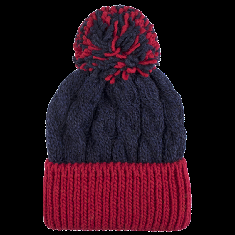doré doré Bonnet en laine torsadée et pompon - Bleu et rouge