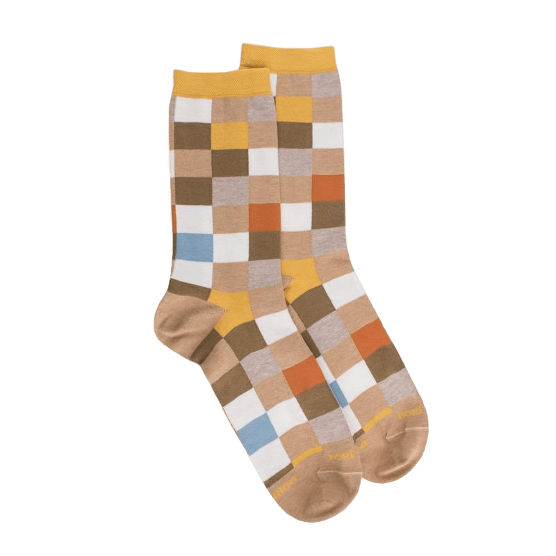 doré doré Chaussette femme à carreaux en coton - Beige Désert & Blanc Givre