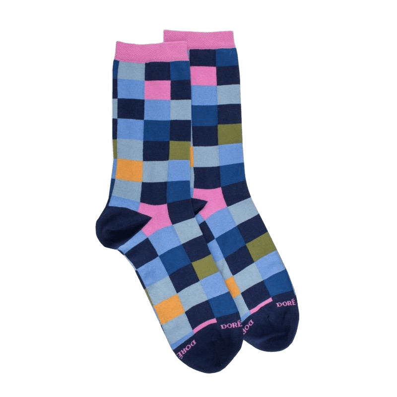 doré doré Chaussette femme à carreaux en coton - Bleu Voilier & Gris connemara