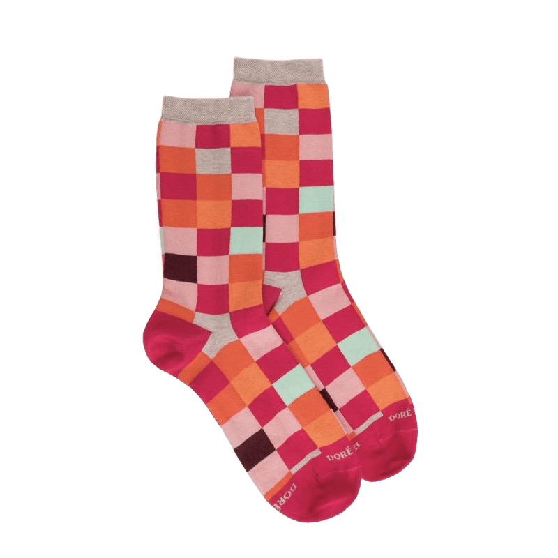 doré doré Chaussette femme à carreaux en coton - Rouge Cerise & Rose Praline