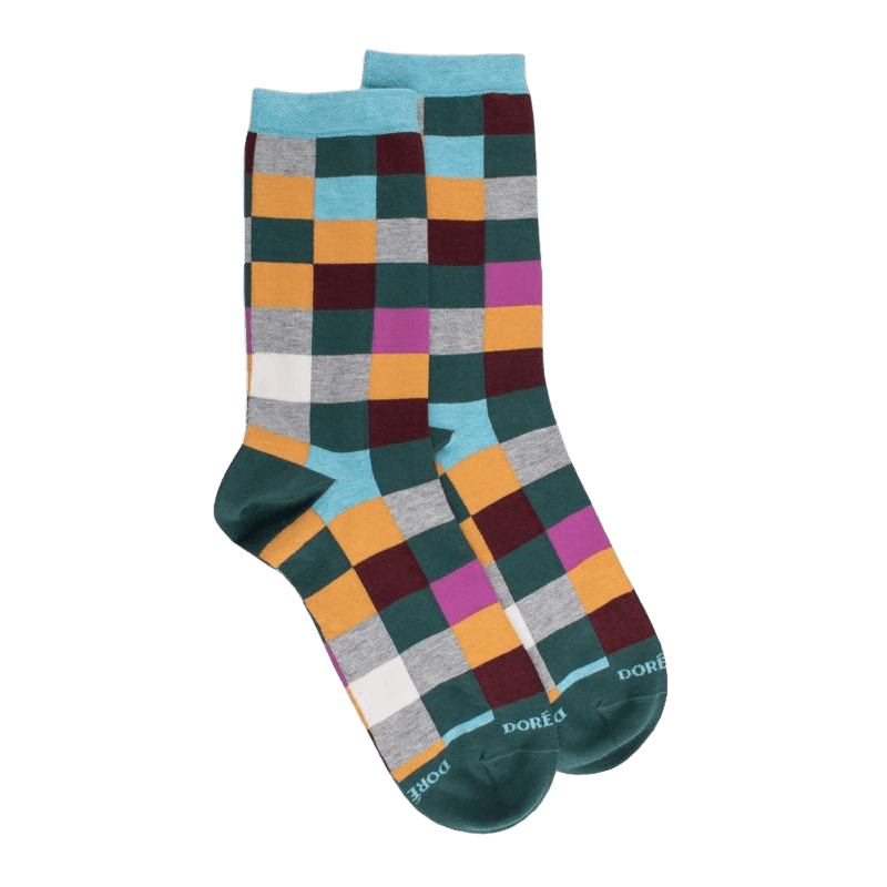doré doré Chaussette femme à carreaux en coton - Vert Saule & Gris Rocheux