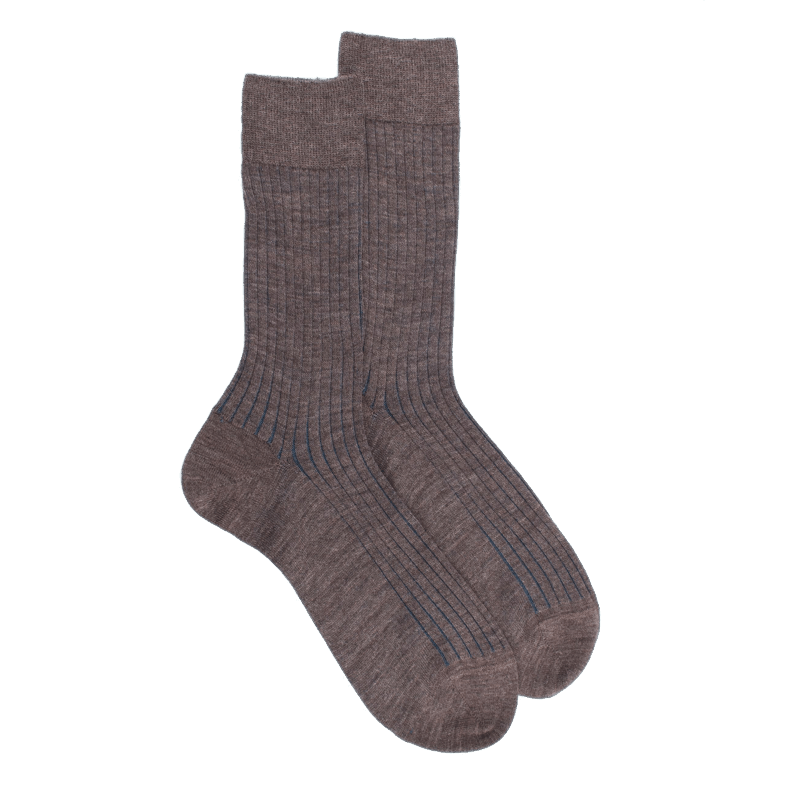 doré doré Chaussettes côtelé bicolores homme en laine et coton doux - Brun loutre & Bleu