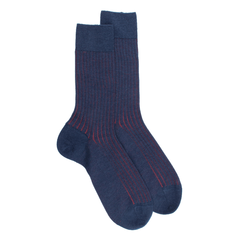 doré doré Chaussettes côtelé bicolores homme en laine et coton doux - Bleu Caban & Rouge brique