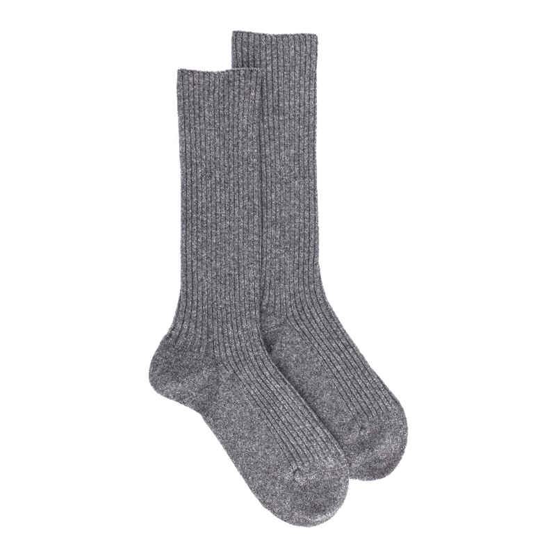 doré doré Chaussettes côtelées pour femmes en laine vierge viscose et caschmere coloris unis. - Gris oxford