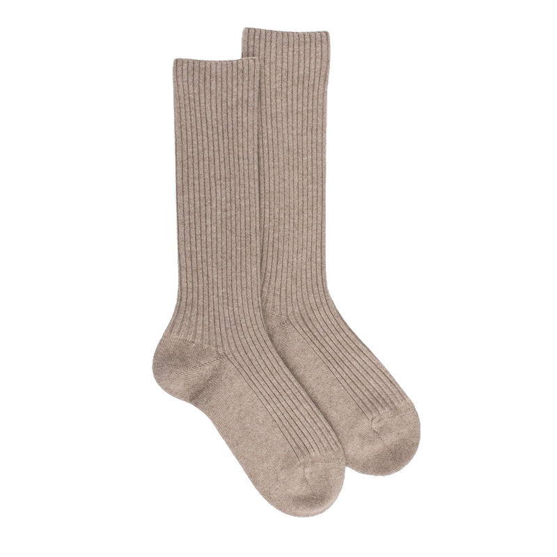 doré doré Chaussettes côtelées pour femmes en laine vierge viscose et caschmere coloris unis. - Beige chrysalide