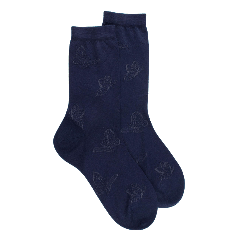 doré doré Chaussettes courtes en laine unie pour femmes avec papillons transparents - Bleu Caban