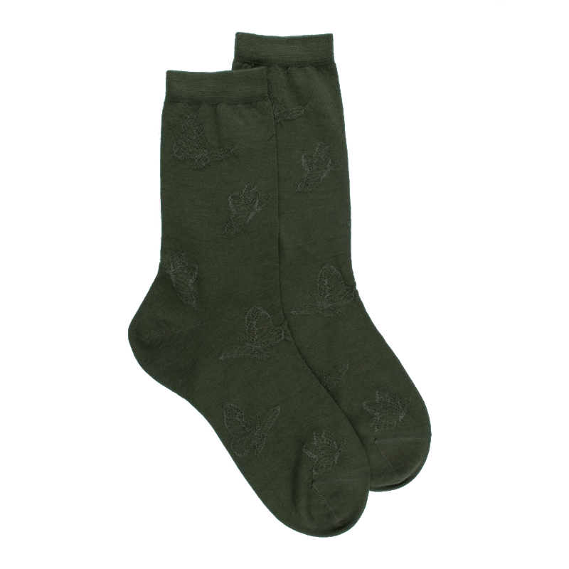 doré doré Chaussettes courtes en laine unie pour femmes avec papillons transparents - Vert cyprès