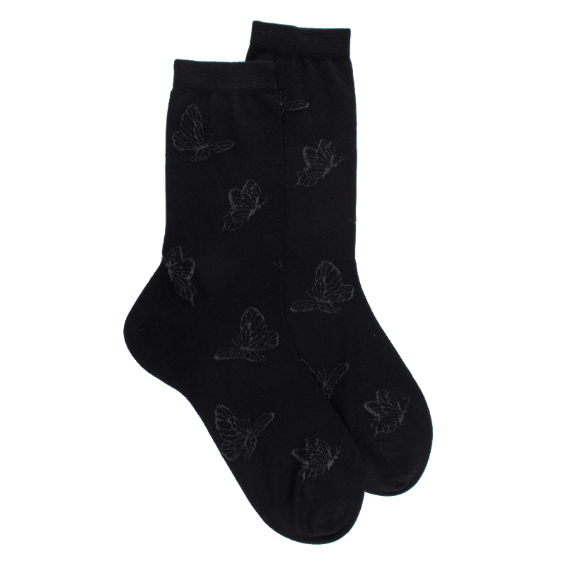 doré doré Chaussettes courtes en laine unie pour femmes avec papillons transparents - Noir