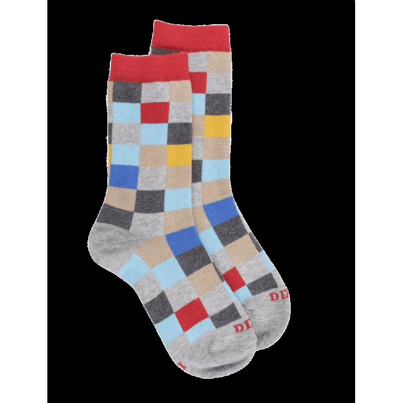 doré doré Chaussettes Echiquier multicolore en coton doux - Bord rouge