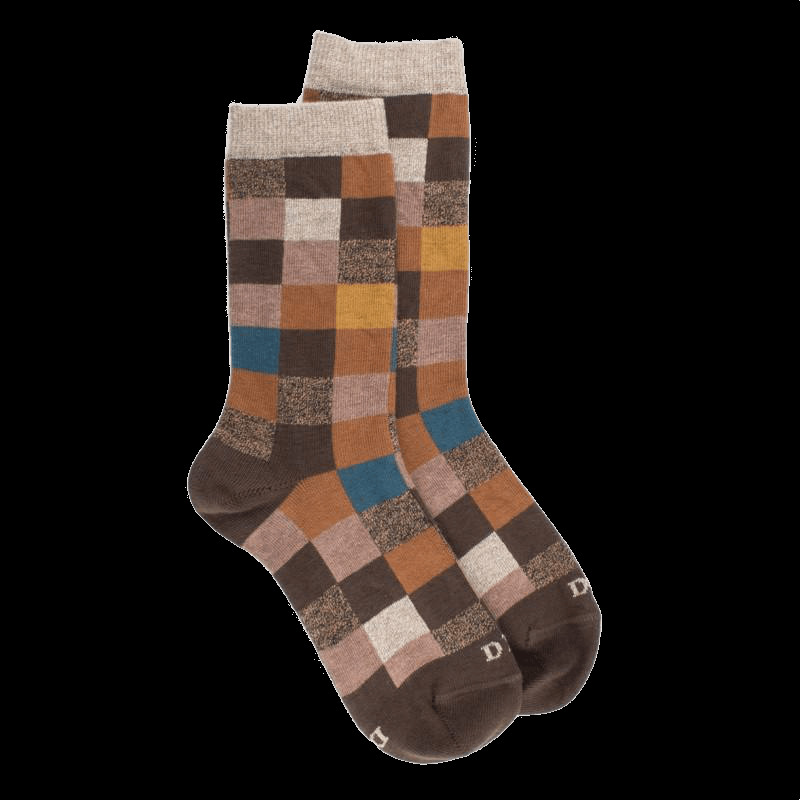 doré doré Chaussettes Echiquier multicolore en coton doux