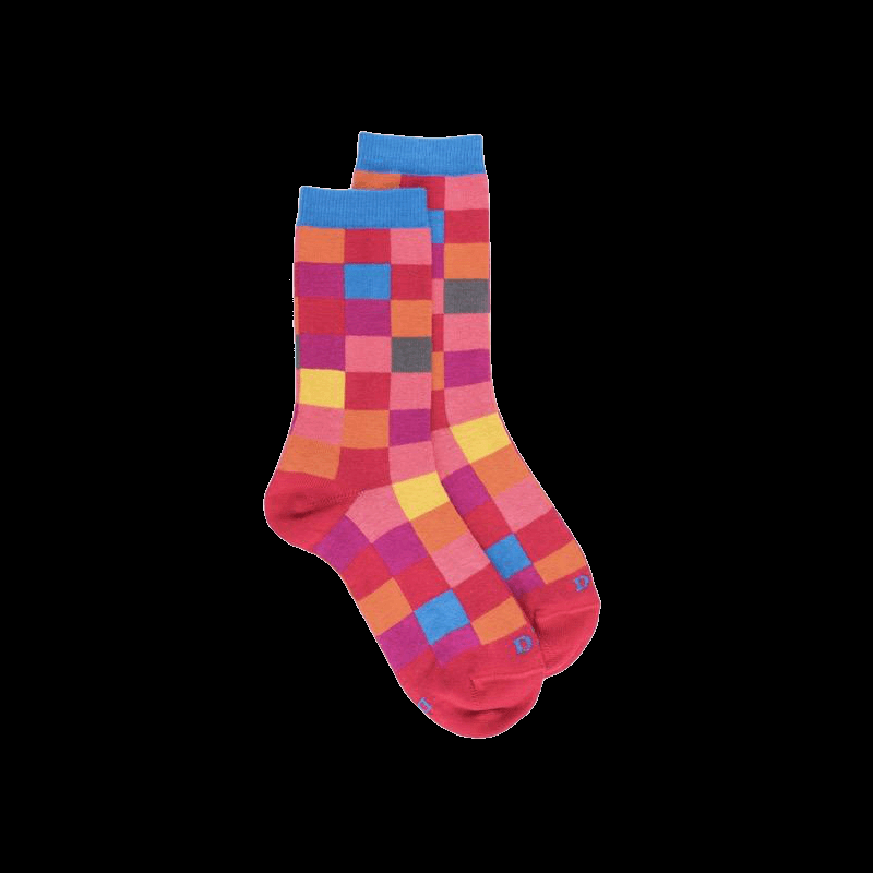 doré doré Chaussettes Echiquier multicolore en coton doux - Rouge