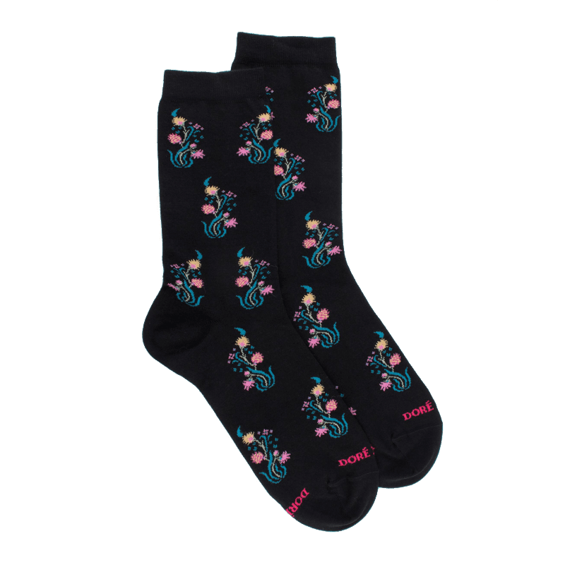 Doré Doré Chaussettes En Coton égyptien Pour Femmes Avec Motifs De Bouquets De Fleurs - Noir