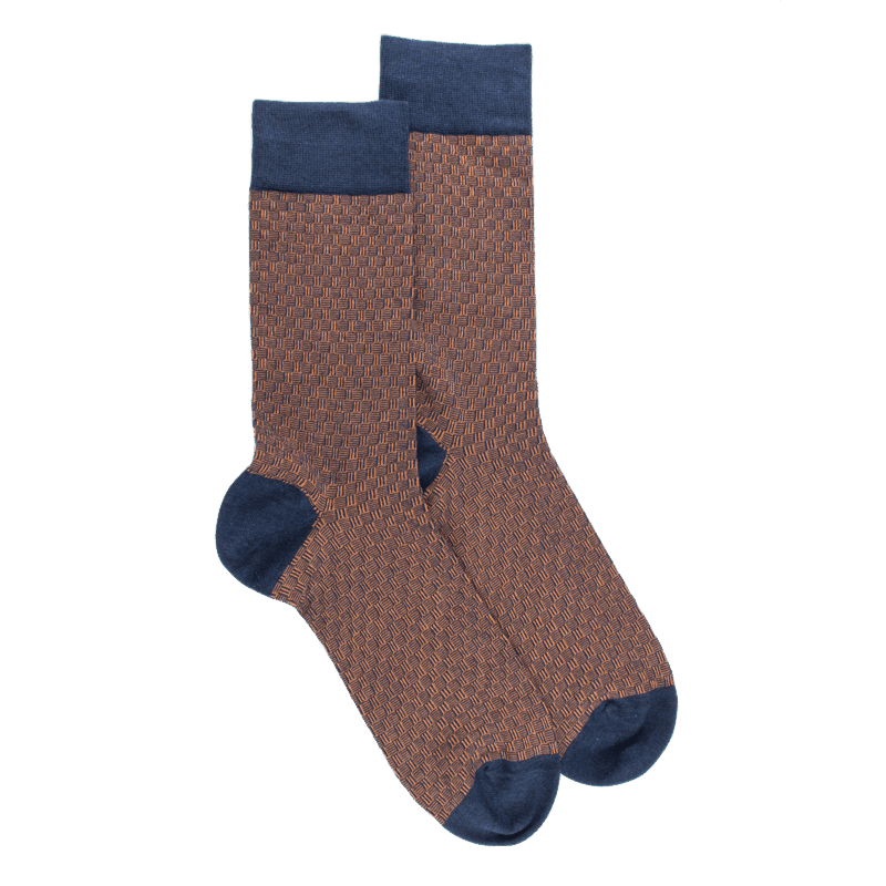doré doré Chaussettes en coton égyptien pour hommes avec motifs de tissage bicolores - Bleu jean foncé