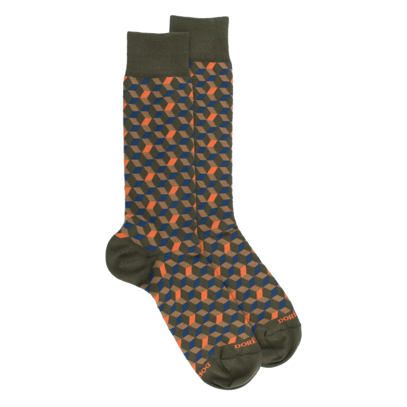 doré doré Chaussettes en coton égyptien pour hommes avec motifs de cubes en 3D - Vert mélèze