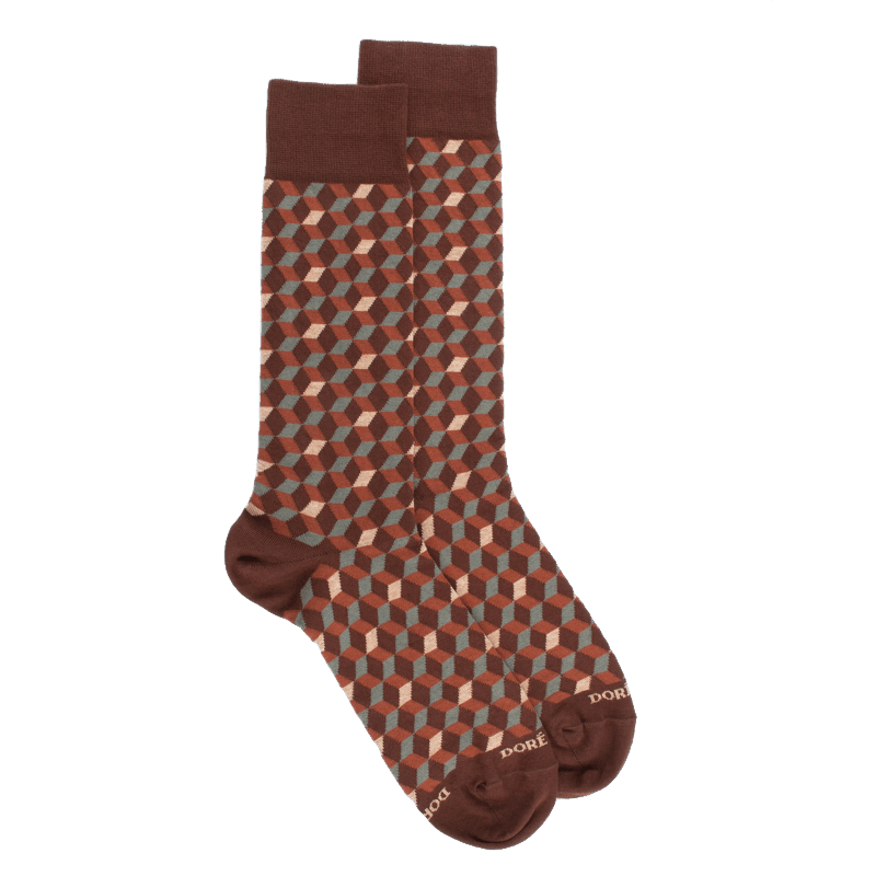 doré doré Chaussettes en coton égyptien pour hommes avec motifs de cubes en 3D - Marron cacao