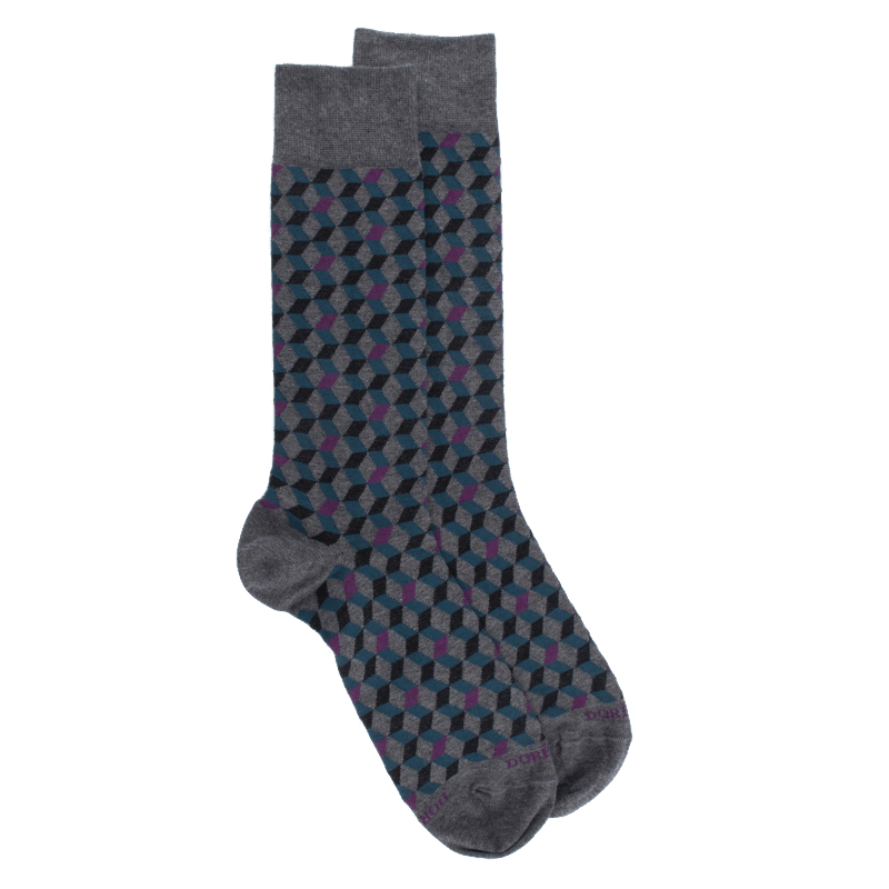 doré doré Chaussettes en coton égyptien pour hommes avec motifs de cubes en 3D - Gris oxford