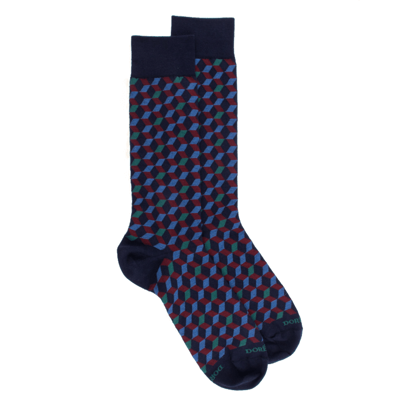 doré doré Chaussettes en coton égyptien pour hommes avec motifs de cubes en 3D - Bleu Matelot