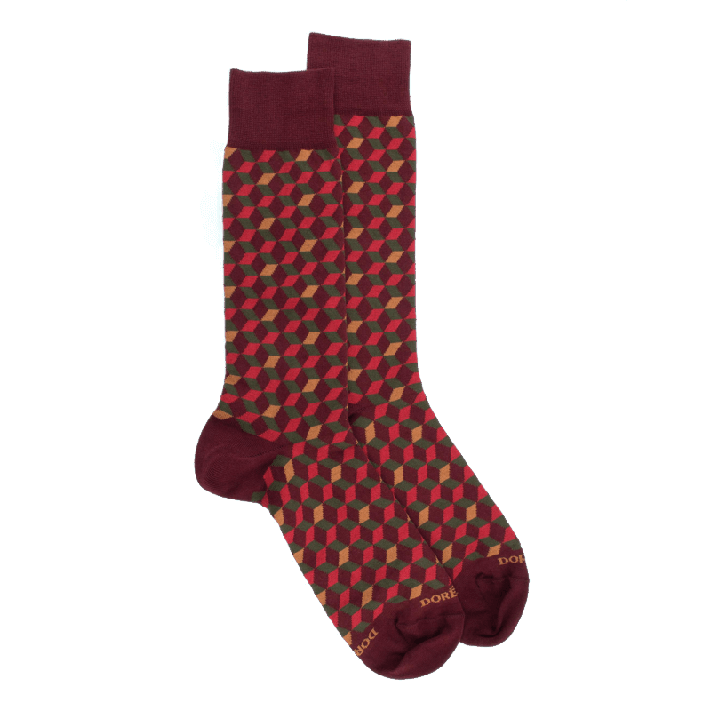 doré doré Chaussettes en coton égyptien pour hommes avec motifs de cubes en 3D - Aubergine