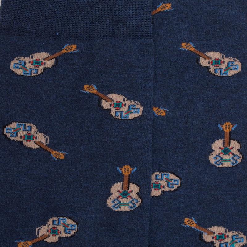 Doré Doré Chaussettes En Coton Pour Hommes Avec Motif De Guitare Mexicaine - Bleu Jean Foncé