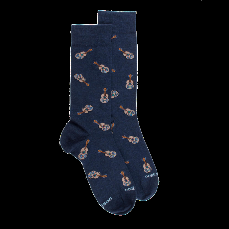 Doré Doré Chaussettes En Coton Pour Hommes Avec Motif De Guitare Mexicaine - Bleu Jean Foncé