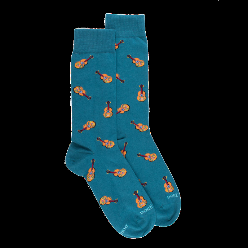 doré doré Chaussettes en coton pour hommes avec motif de guitare mexicaine - Bleu