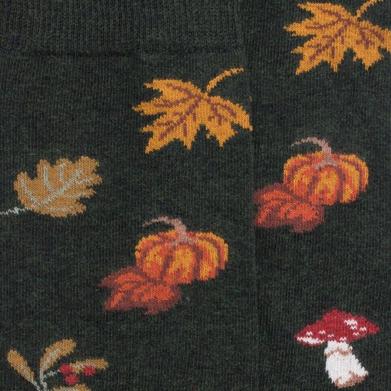 Doré Doré Chaussettes En Coton Pour Hommes Avec Motifs De Citrouille De Champignons Et De Feuilles - Vert Thym