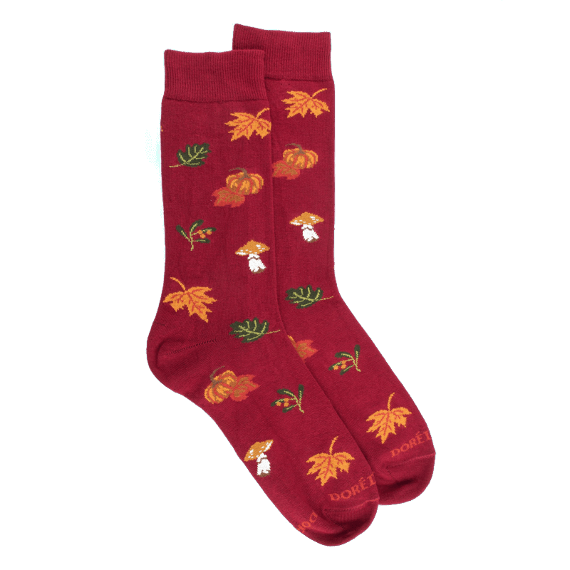 doré doré Chaussettes en coton pour hommes avec motifs de citrouille de champignons et de feuilles - Rouge amarante