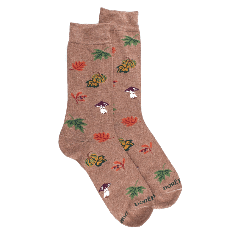 doré doré Chaussettes en coton pour hommes avec motifs de citrouille de champignons et de feuilles - Marron Caille